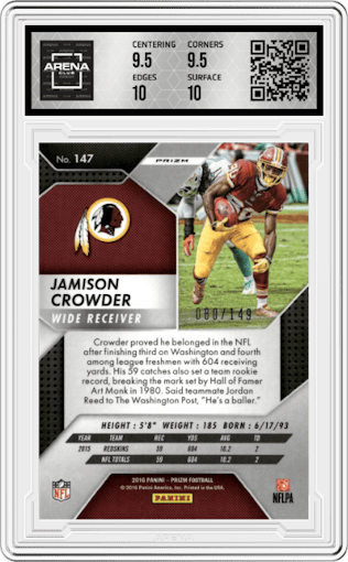 Jamison Crowder from the 2016 Panini Prizm set featuring a Blue Wave parallel graded by Arena Club and given an overall grade of 10.