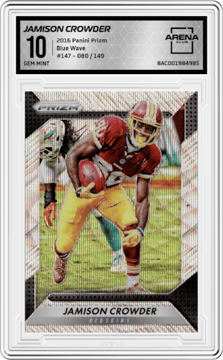Jamison Crowder from the 2016 Panini Prizm set featuring a Blue Wave parallel graded by Arena Club and given an overall grade of 10.