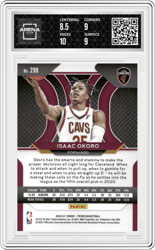 Isaac Okoro from the 2020-21 Panini Prizm set graded by Arena Club and given an overall grade of 9.
