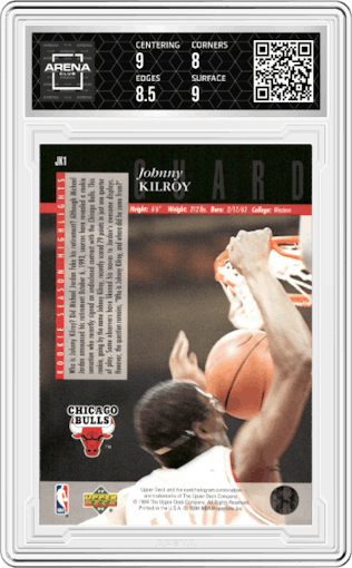Johnny Kilroy from the 1993-94 Upper Deck Special Edition set graded by Arena Club and given an overall grade of 8.5.