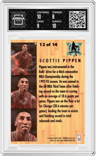 Scottie Pippen from the 1993-94 Fleer Ultra set graded by Arena Club and given an overall grade of 8.5.