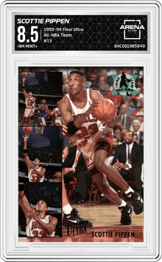 Scottie Pippen from the 1993-94 Fleer Ultra set graded by Arena Club and given an overall grade of 8.5.