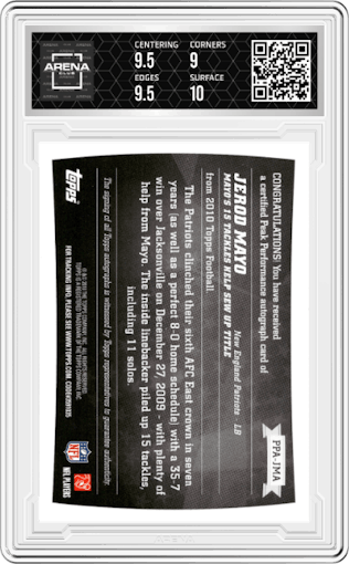 Jerod Mayo  from the 2010 Topps set graded by Arena Club and given an overall grade of 9.5.