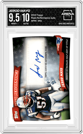 Jerod Mayo  from the 2010 Topps set graded by Arena Club and given an overall grade of 9.5.