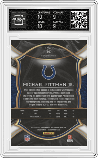 Michael Pittman Jr. from the 2020 Panini Select set graded by Arena Club and given an overall grade of 9.5.