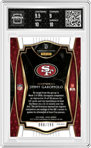 Jimmy Garoppolo from the 2020 Panini Select set featuring a Tri-Color parallel graded by Arena Club and given an overall grade of 9.5.