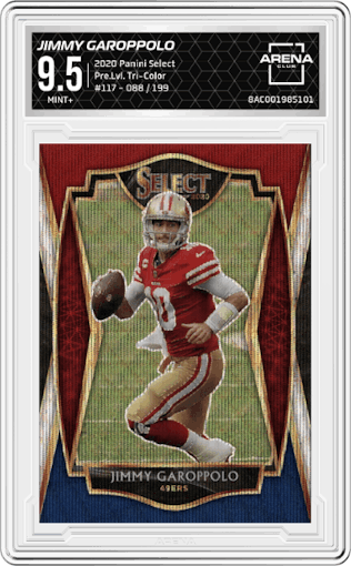 Jimmy Garoppolo from the 2020 Panini Select set featuring a Tri-Color parallel graded by Arena Club and given an overall grade of 9.5.