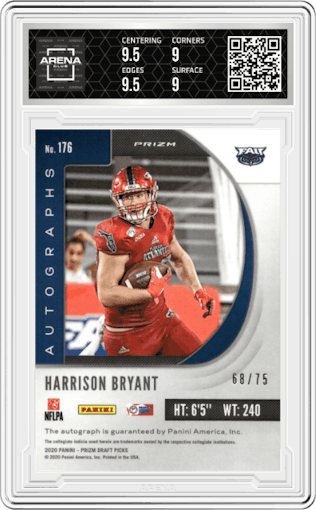Harrison Bryant from the 2020 Panini Prizm Draft Picks set featuring a Hyper parallel graded by Arena Club and given an overall grade of 9.5.