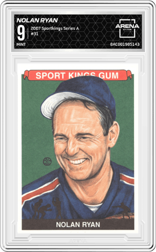 Nolan Ryan from the 2007 Sportkings Series A set graded by Arena Club and given an overall grade of 9.