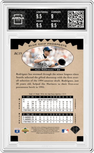 Alex Rodriguez from the 1996 Upper Deck set graded by Arena Club and given an overall grade of 9.5.