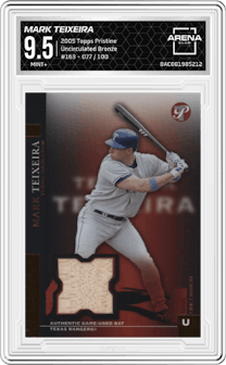 Mark Teixeira from the 2005 Topps Pristine set featuring a Uncirculated Bronze parallel graded by Arena Club and given an overall grade of 9.5.