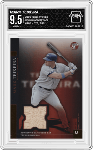 Mark Teixeira from the 2005 Topps Pristine set featuring a Uncirculated Bronze parallel graded by Arena Club and given an overall grade of 9.5.