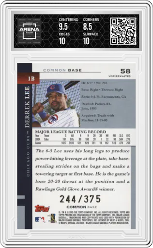 Derrek Lee from the 2005 Topps Pristine set featuring a Uncirculated Bronze parallel graded by Arena Club and given an overall grade of 9.