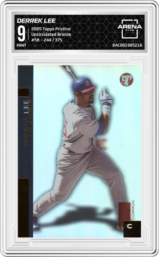 Derrek Lee from the 2005 Topps Pristine set featuring a Uncirculated Bronze parallel graded by Arena Club and given an overall grade of 9.
