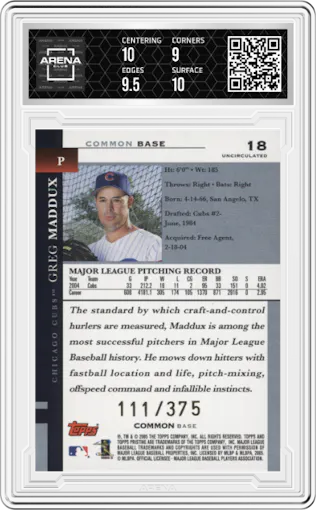 Greg Maddux from the 2005 Topps Pristine set featuring a Uncirculated Bronze parallel graded by Arena Club and given an overall grade of 9.5.