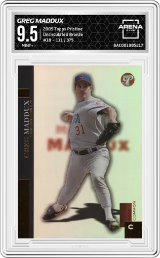 Greg Maddux from the 2005 Topps Pristine set featuring a Uncirculated Bronze parallel graded by Arena Club and given an overall grade of 9.5.