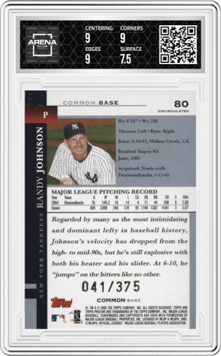 Randy Johnson from the 2005 Topps Pristine set featuring a Uncirculated Bronze parallel graded by Arena Club and given an overall grade of 8.