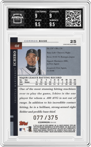Ichiro from the 2005 Topps Pristine set featuring a Uncirculated Bronze parallel graded by Arena Club and given an overall grade of 9.5.
