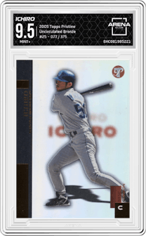 Ichiro from the 2005 Topps Pristine set featuring a Uncirculated Bronze parallel graded by Arena Club and given an overall grade of 9.5.