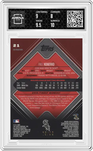 Paul Konerko from the 2006 Topps Finest set featuring a Black Refractor parallel graded by Arena Club and given an overall grade of 8.5.