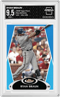 Ryan Braun from the 2008 Topps Finest set featuring a Blue Refractor parallel graded by Arena Club and given an overall grade of 9.5.