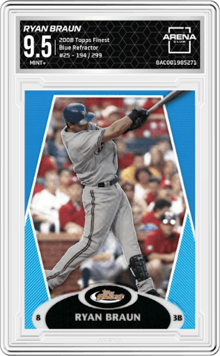 Ryan Braun from the 2008 Topps Finest set featuring a Blue Refractor parallel graded by Arena Club and given an overall grade of 9.5.