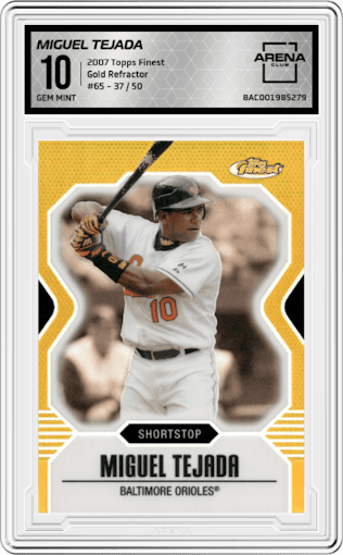 Miguel Tejada from the 2007 Topps Finest set featuring a Gold Refractor parallel graded by Arena Club and given an overall grade of 10.