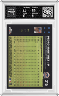 Pedro Martinez from the 2007 Topps Chrome set featuring a White Refractor parallel graded by Arena Club and given an overall grade of 9.5.