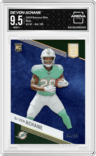 De'Von Achane from the 2023 Donruss Elite set featuring a Blue parallel graded by Arena Club and given an overall grade of 9.5.