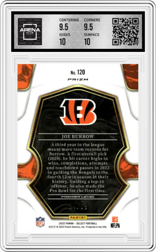 Joe Burrow from the 2022 Panini Select set featuring a Dragon Scale parallel graded by Arena Club and given an overall grade of 10.