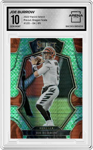 Joe Burrow from the 2022 Panini Select set featuring a Dragon Scale parallel graded by Arena Club and given an overall grade of 10.