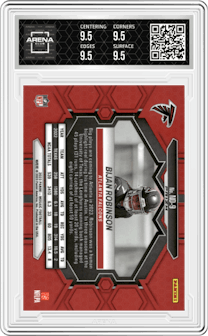 Bijan Robinson from the 2023 Panini Mosaic set featuring a Red Mosaic parallel graded by Arena Club and given an overall grade of 9.5.