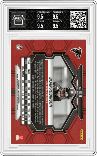 Bijan Robinson from the 2023 Panini Mosaic set featuring a Red Mosaic parallel graded by Arena Club and given an overall grade of 9.5.