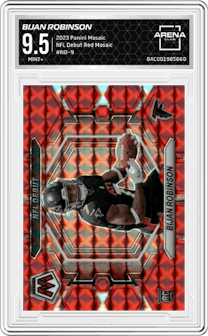Bijan Robinson from the 2023 Panini Mosaic set featuring a Red Mosaic parallel graded by Arena Club and given an overall grade of 9.5.