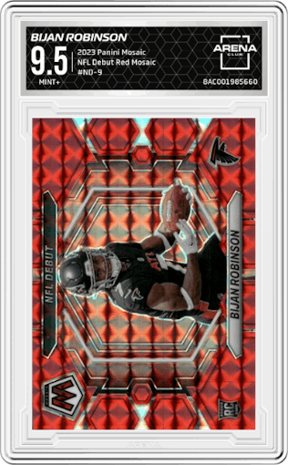 Bijan Robinson from the 2023 Panini Mosaic set featuring a Red Mosaic parallel graded by Arena Club and given an overall grade of 9.5.