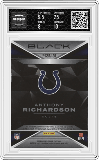 Anthony Richardson from the 2023 Panini Black set graded by Arena Club and given an overall grade of 8.