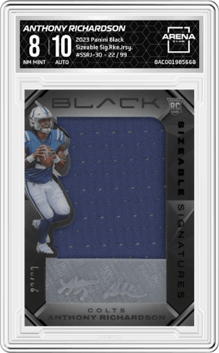 Anthony Richardson from the 2023 Panini Black set graded by Arena Club and given an overall grade of 8.