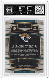 Trevor Lawrence from the 2021 Panini Select set graded by Arena Club and given an overall grade of 9.5.