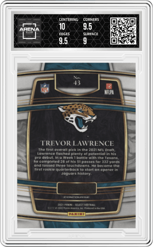 Trevor Lawrence from the 2021 Panini Select set graded by Arena Club and given an overall grade of 9.5.