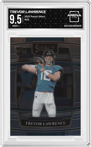 Trevor Lawrence from the 2021 Panini Select set graded by Arena Club and given an overall grade of 9.5.