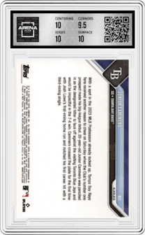 Junior Caminero from the 2023 Topps Now set graded by Arena Club and given an overall grade of 10.
