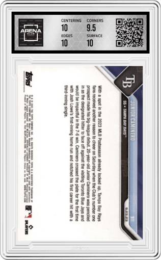 Junior Caminero from the 2023 Topps Now set graded by Arena Club and given an overall grade of 10.