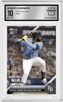Junior Caminero from the 2023 Topps Now set graded by Arena Club and given an overall grade of 10.