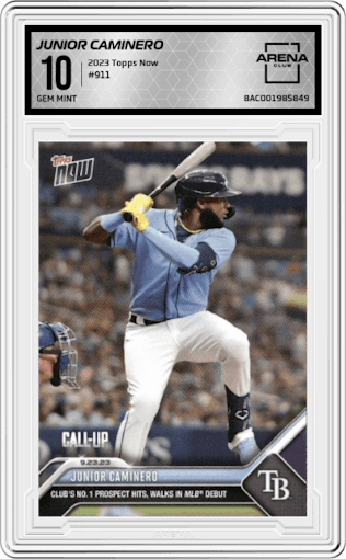Junior Caminero from the 2023 Topps Now set graded by Arena Club and given an overall grade of 10.