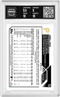 Oneil Cruz from the 2023 Topps Chrome set featuring a Purple Sonar Refractor parallel graded by Arena Club and given an overall grade of 9.5.