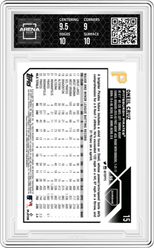 Oneil Cruz from the 2023 Topps Chrome set featuring a Purple Sonar Refractor parallel graded by Arena Club and given an overall grade of 9.5.