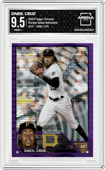 Oneil Cruz from the 2023 Topps Chrome set featuring a Purple Sonar Refractor parallel graded by Arena Club and given an overall grade of 9.5.