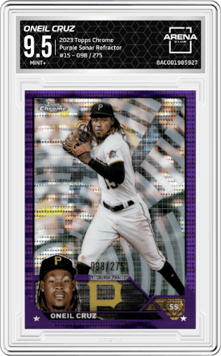 Oneil Cruz from the 2023 Topps Chrome set featuring a Purple Sonar Refractor parallel graded by Arena Club and given an overall grade of 9.5.