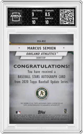 Marcus Semien from the 2020 Topps Update  set featuring a Black parallel graded by Arena Club and given an overall grade of 9.