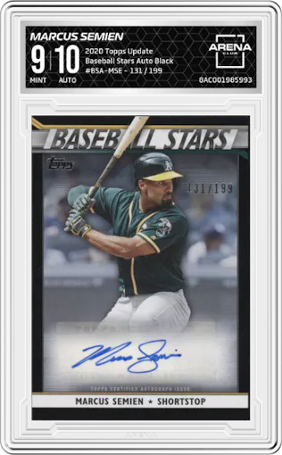 Marcus Semien from the 2020 Topps Update  set featuring a Black parallel graded by Arena Club and given an overall grade of 9.